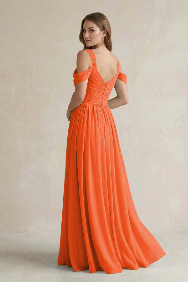 Off - the - Shoulder A - Line Chiffon Bridesmaid Dress With Slit in Cinnamon - KISS BRIDAL Bridesmaid Dresses