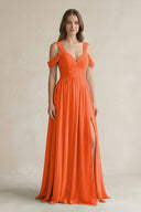 Off - the - Shoulder A - Line Chiffon Bridesmaid Dress With Slit in Cinnamon - KISS BRIDAL Bridesmaid Dresses