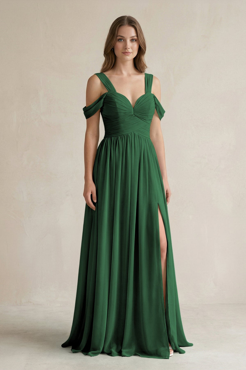 Off - the - Shoulder A - Line Chiffon Bridesmaid Dress With Slit in Dark Green - SHE IS ME Bridesmaid Dresses