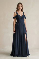 Off - the - Shoulder A - Line Chiffon Bridesmaid Dress With Slit in Dark Navy - KISS BRIDAL Bridesmaid Dresses