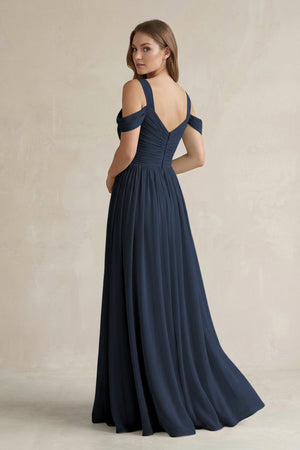 Off - the - Shoulder A - Line Chiffon Bridesmaid Dress With Slit in Dark Navy - SHE IS ME Bridesmaid Dresses