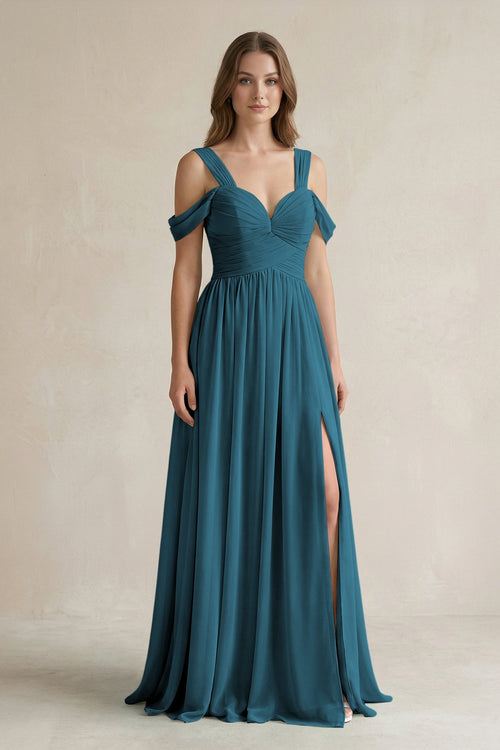 Off - the - Shoulder A - Line Chiffon Bridesmaid Dress With Slit in Dark Teal - SHE IS ME Bridesmaid Dresses
