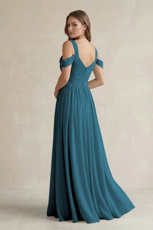 Off - the - Shoulder A - Line Chiffon Bridesmaid Dress With Slit in Dark Teal - SHE IS ME Bridesmaid Dresses