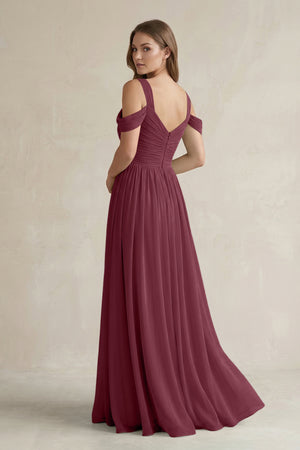 Off-the-Shoulder A-Line Chiffon Bridesmaid Dress With Slit in Desert Rose (2) | KISSBRIDAL