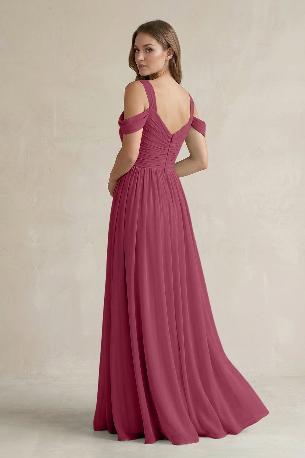 Off - the - Shoulder A - Line Chiffon Bridesmaid Dress With Slit in Desert Rose - SHE IS ME Bridesmaid Dresses