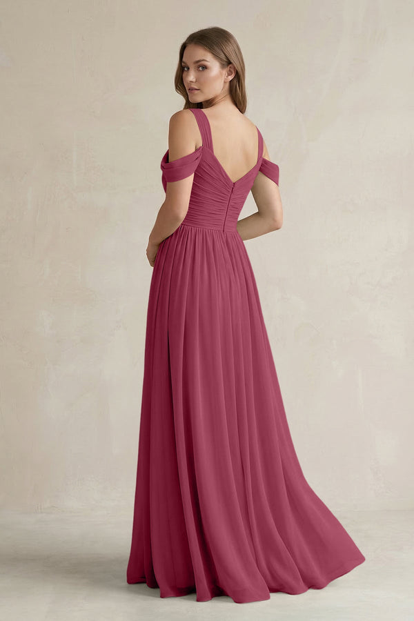 Off - the - Shoulder A - Line Chiffon Bridesmaid Dress With Slit in Desert Rose - SHE IS ME Bridesmaid Dresses