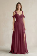Off-the-Shoulder A-Line Chiffon Bridesmaid Dress With Slit in Desert Rose | KISSBRIDAL