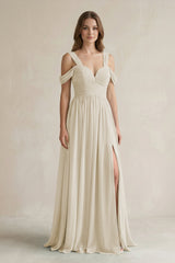 Off - the - Shoulder A - Line Chiffon Bridesmaid Dress With Slit in Dove Gray - KISS BRIDAL Bridesmaid Dresses