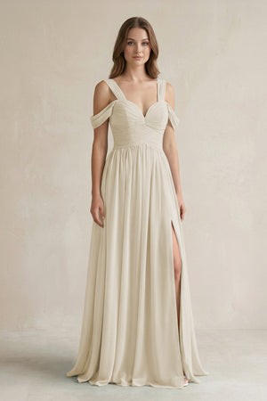 Off - the - Shoulder A - Line Chiffon Bridesmaid Dress With Slit in Dove Gray - SHE IS ME Bridesmaid Dresses