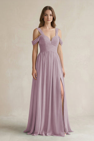 Off - the - Shoulder A - Line Chiffon Bridesmaid Dress With Slit in Dusk - SHE IS ME Bridesmaid Dresses