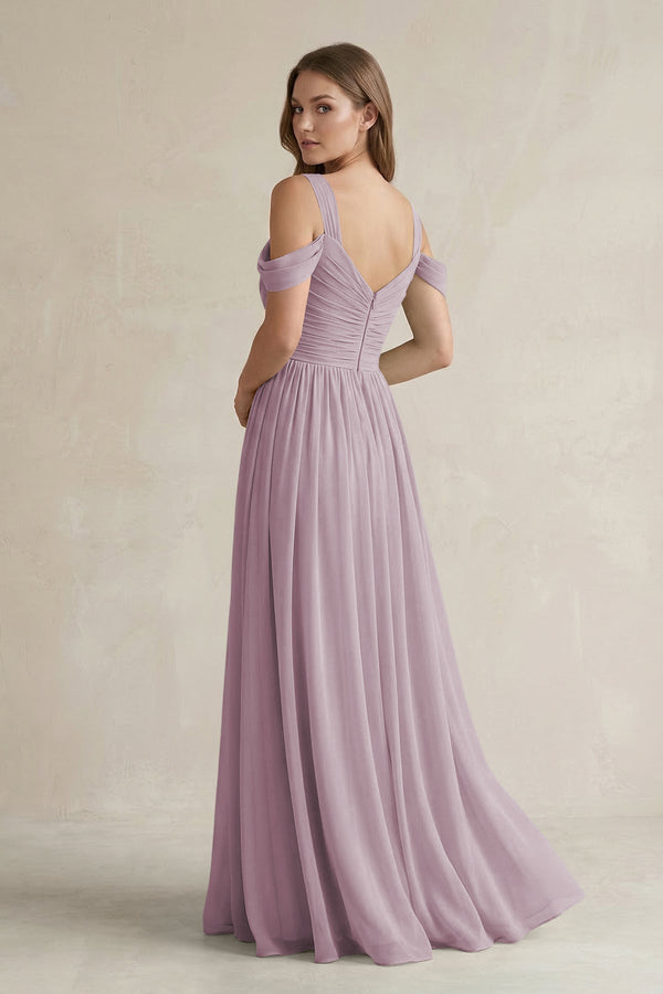 Off - the - Shoulder A - Line Chiffon Bridesmaid Dress With Slit in Dusk - SHE IS ME Bridesmaid Dresses
