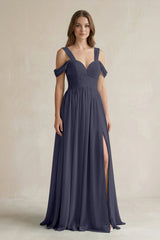 Off - the - Shoulder A - Line Chiffon Bridesmaid Dress With Slit in Dusk Blue - KISS BRIDAL Bridesmaid Dresses