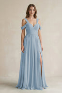 Off - the - Shoulder A - Line Chiffon Bridesmaid Dress With Slit in Dusty Blue - SHE IS ME Bridesmaid Dresses