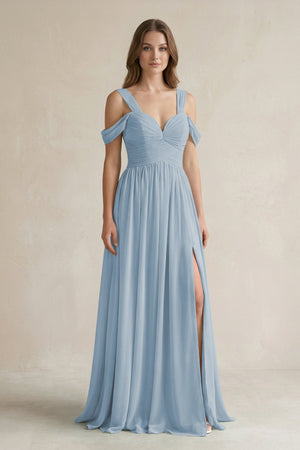 Off - the - Shoulder A - Line Chiffon Bridesmaid Dress With Slit in Dusty Blue - SHE IS ME Bridesmaid Dresses
