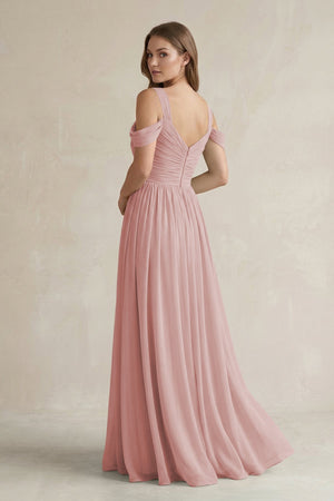 Off - the - Shoulder A - Line Chiffon Bridesmaid Dress With Slit in Dusty Rose - SHE IS ME Bridesmaid Dresses