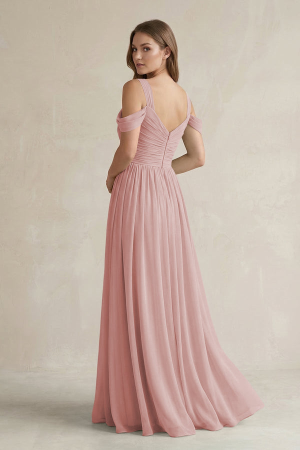 Off - the - Shoulder A - Line Chiffon Bridesmaid Dress With Slit in Dusty Rose - SHE IS ME Bridesmaid Dresses