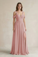 Off - the - Shoulder A - Line Chiffon Bridesmaid Dress With Slit in Dusty Rose - SHE IS ME Bridesmaid Dresses