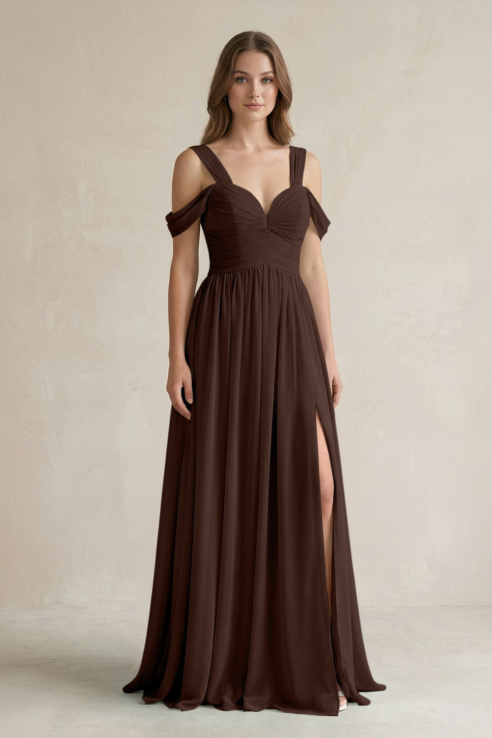 Off - the - Shoulder A - Line Chiffon Bridesmaid Dress With Slit in Espresso - SHE IS ME Bridesmaid Dresses
