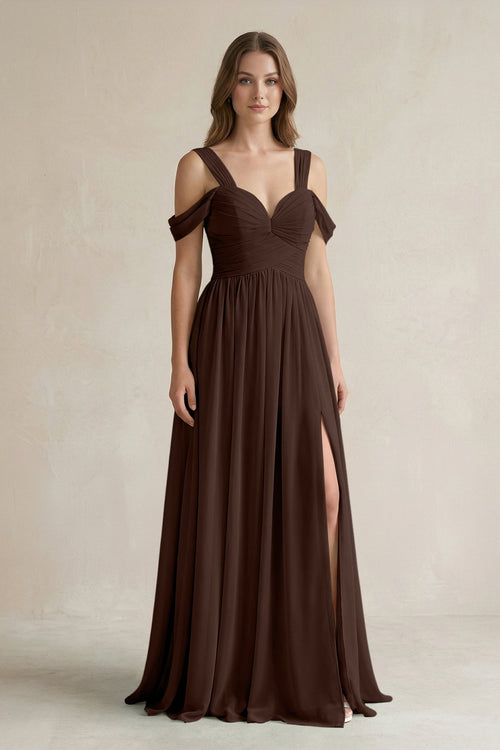 Off - the - Shoulder A - Line Chiffon Bridesmaid Dress With Slit in Espresso - SHE IS ME Bridesmaid Dresses