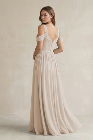 Off - the - Shoulder A - Line Chiffon Bridesmaid Dress With Slit in Frost - SHE IS ME Bridesmaid Dresses