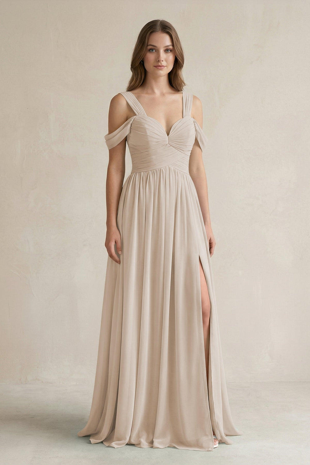 Off - the - Shoulder A - Line Chiffon Bridesmaid Dress With Slit in Frost - SHE IS ME Bridesmaid Dresses
