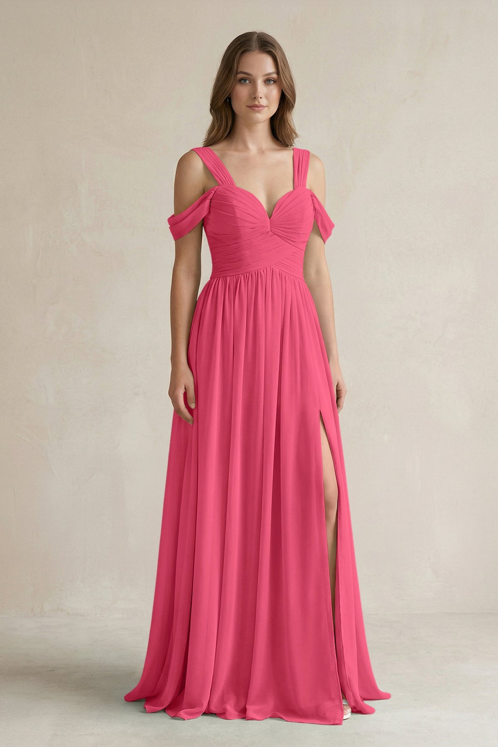 Off - the - Shoulder A - Line Chiffon Bridesmaid Dress With Slit in Fuchsia - SHE IS ME Bridesmaid Dresses