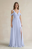 Off - the - Shoulder A - Line Chiffon Bridesmaid Dress With Slit in Ice - SHE IS ME Bridesmaid Dresses