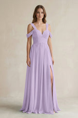 Off - the - Shoulder A - Line Chiffon Bridesmaid Dress With Slit in Lavender - KISS BRIDAL Bridesmaid Dresses