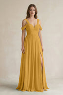 Off - the - Shoulder A - Line Chiffon Bridesmaid Dress With Slit in Marigold - SHE IS ME Bridesmaid Dresses