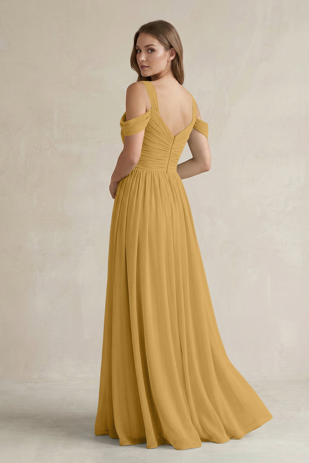 Off-the-Shoulder A-Line Chiffon Bridesmaid Dress With Slit in Marigold