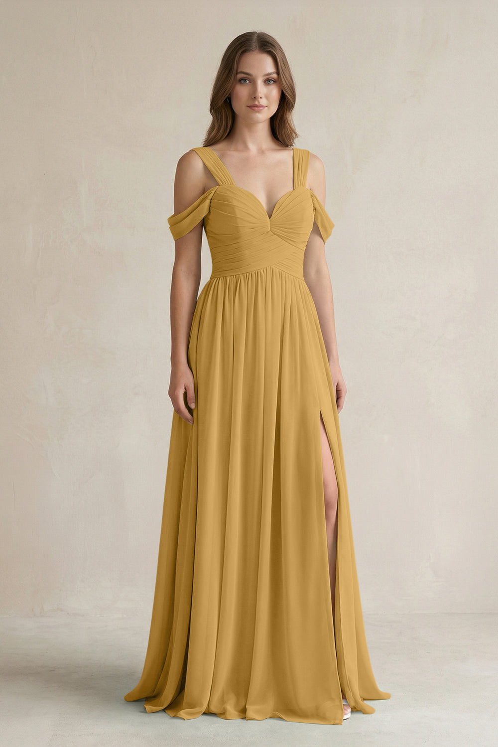 Off-the-Shoulder A-Line Chiffon Bridesmaid Dress With Slit in Marigold