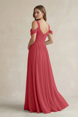 Off - the - Shoulder A - Line Chiffon Bridesmaid Dress With Slit in Merlot - SHE IS ME Bridesmaid Dresses