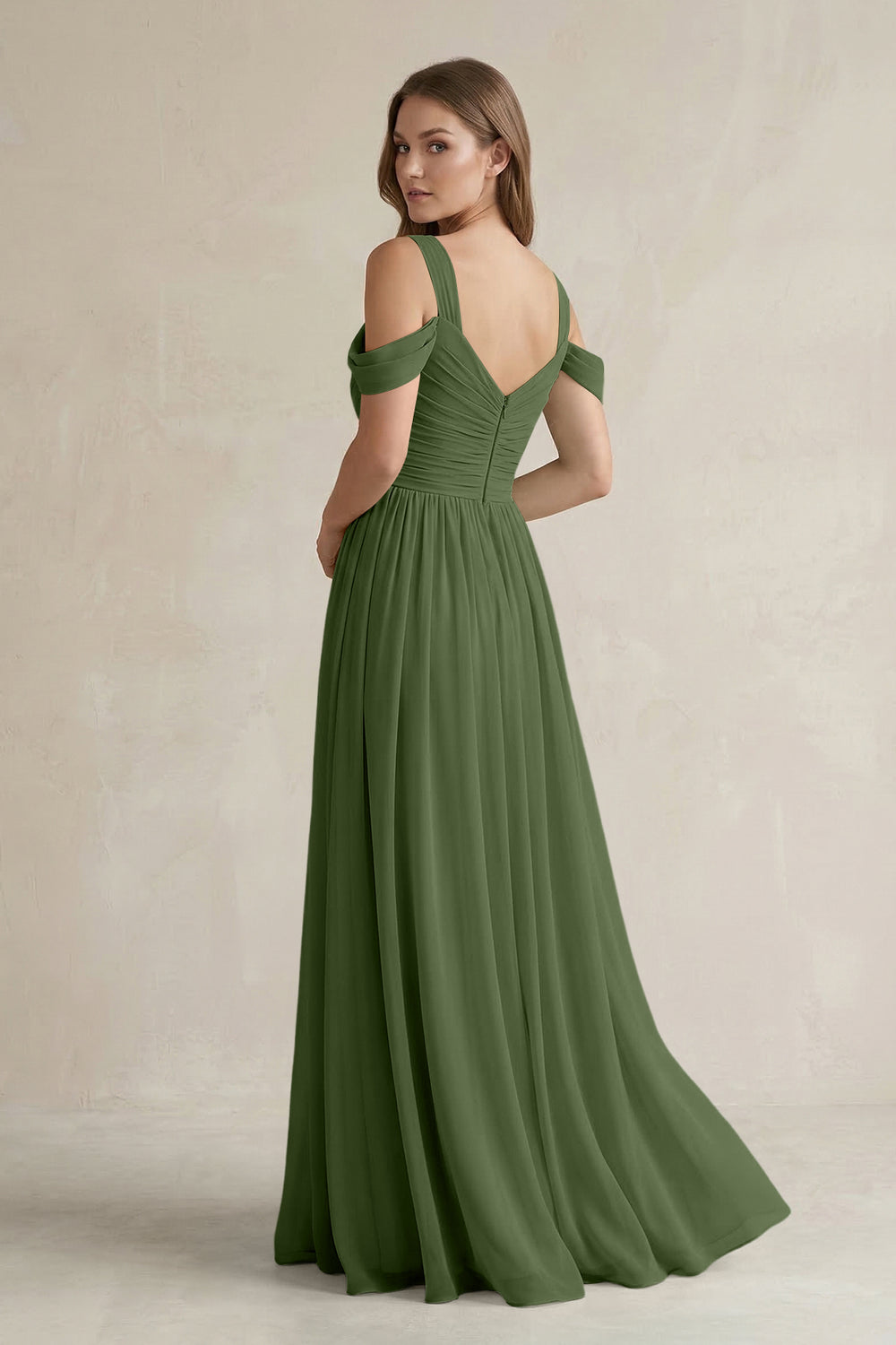 Off-the-Shoulder A-Line Chiffon Bridesmaid Dress With Slit in Moss