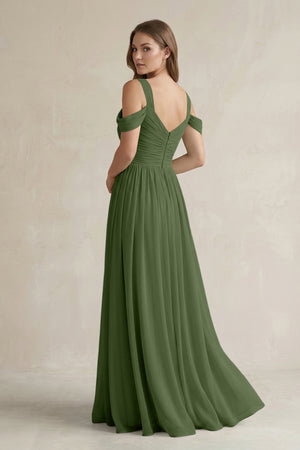 Off-the-Shoulder A-Line Chiffon Bridesmaid Dress With Slit in Moss (2) | KISSBRIDAL