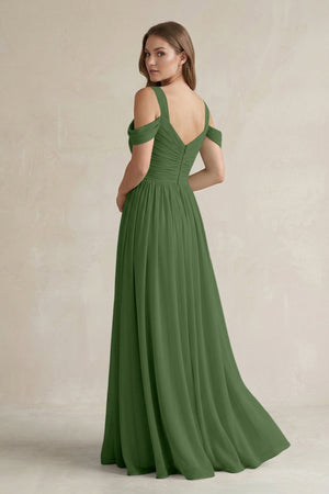 Off - the - Shoulder A - Line Chiffon Bridesmaid Dress With Slit in Moss - SHE IS ME Bridesmaid Dresses