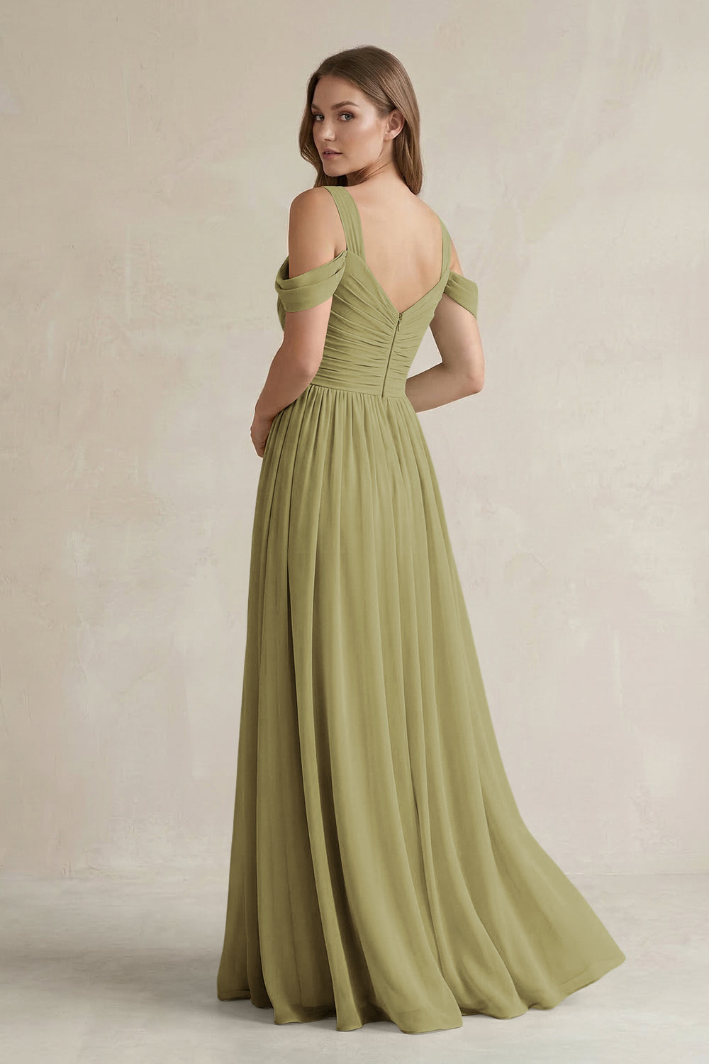 Off-the-Shoulder A-Line Chiffon Bridesmaid Dress With Slit in Moss Green