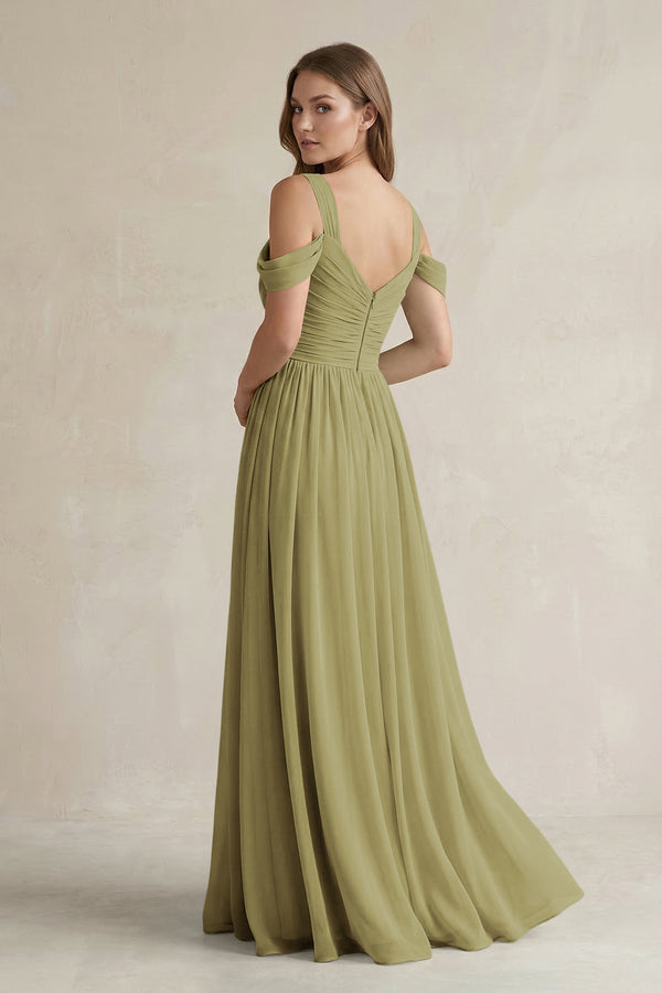 Off-the-Shoulder A-Line Chiffon Bridesmaid Dress With Slit in Moss Green (2) | KISSBRIDAL