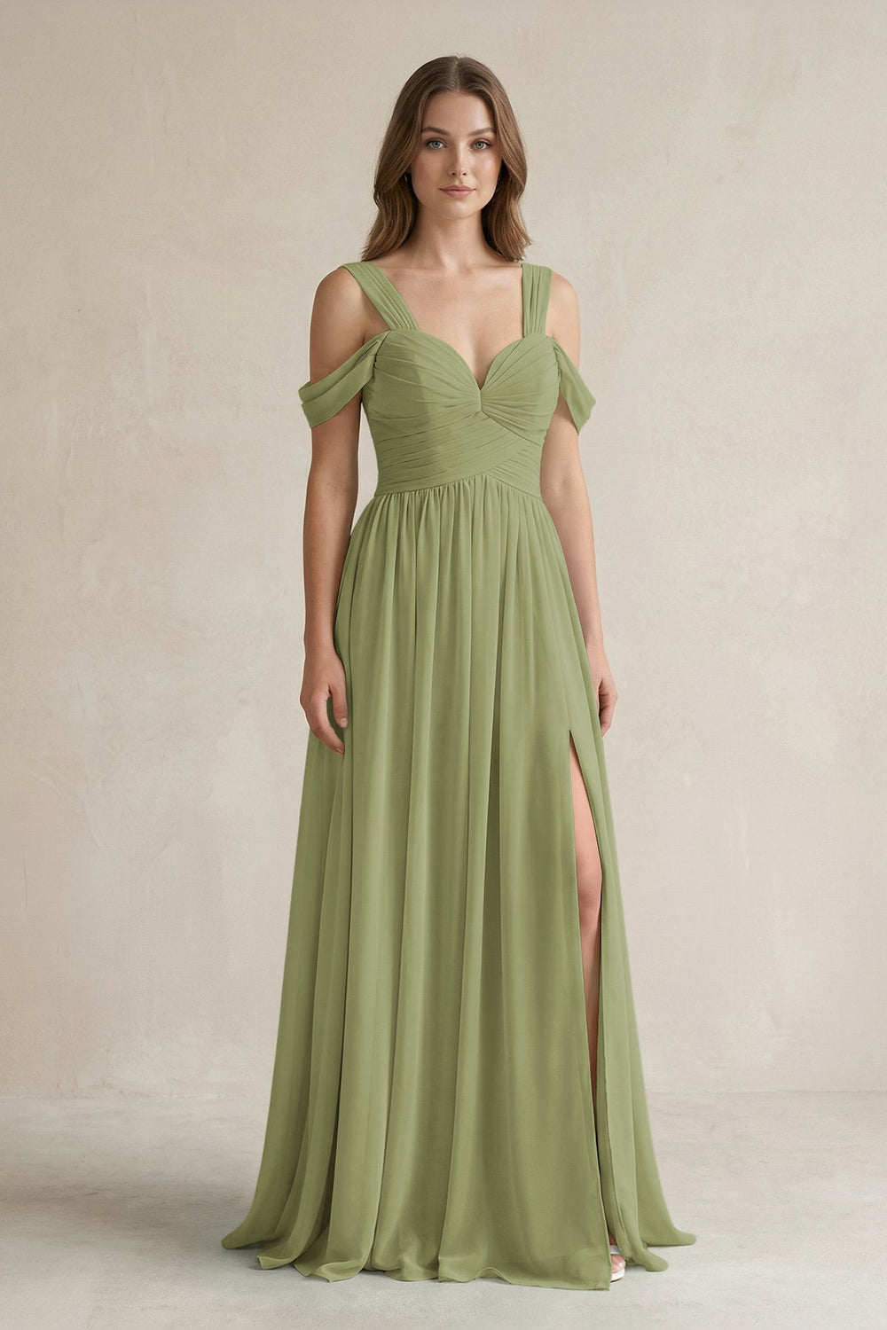 Off - the - Shoulder A - Line Chiffon Bridesmaid Dress With Slit in Moss Green - SHE IS ME Bridesmaid Dresses