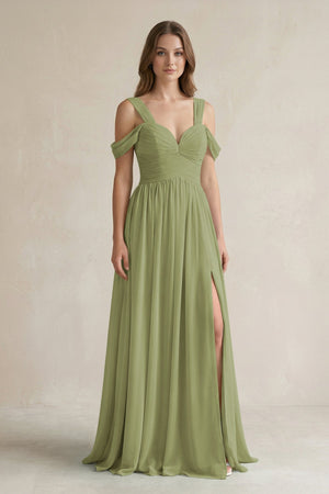 Off - the - Shoulder A - Line Chiffon Bridesmaid Dress With Slit in Moss Green - SHE IS ME Bridesmaid Dresses