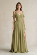 Off-the-Shoulder A-Line Chiffon Bridesmaid Dress With Slit in Moss Green | KISSBRIDAL