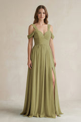Off-the-Shoulder A-Line Chiffon Bridesmaid Dress With Slit in Moss Green | KISSBRIDAL