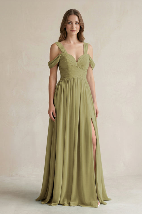 Off-the-Shoulder A-Line Chiffon Bridesmaid Dress With Slit in Moss Green | KISSBRIDAL