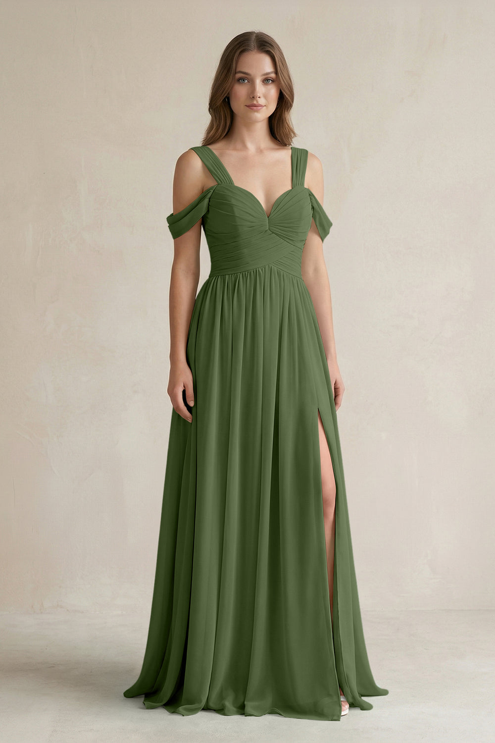 Off-the-Shoulder A-Line Chiffon Bridesmaid Dress With Slit in Moss