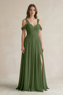 Off-the-Shoulder A-Line Chiffon Bridesmaid Dress With Slit in Moss | KISSBRIDAL