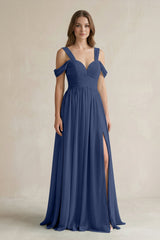 Off - the - Shoulder A - Line Chiffon Bridesmaid Dress With Slit in Navy - KISS BRIDAL Bridesmaid Dresses