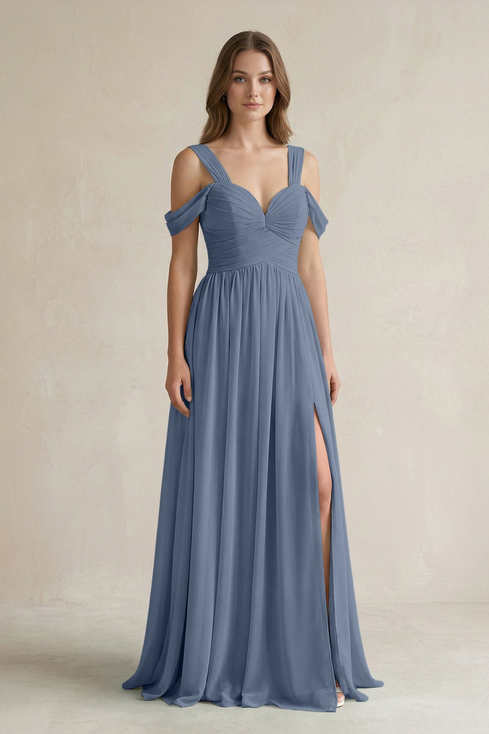 Off - the - Shoulder A - Line Chiffon Bridesmaid Dress With Slit in Neptune - SHE IS ME Bridesmaid Dresses