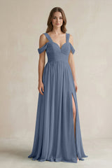 Off - the - Shoulder A - Line Chiffon Bridesmaid Dress With Slit in Neptune - KISS BRIDAL Bridesmaid Dresses