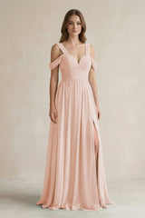 Off - the - Shoulder A - Line Chiffon Bridesmaid Dress With Slit in Pale Blush - KISS BRIDAL Bridesmaid Dresses