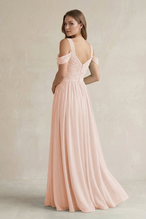 Off - the - Shoulder A - Line Chiffon Bridesmaid Dress With Slit in Pale Blush - SHE IS ME Bridesmaid Dresses