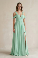 Off-the-Shoulder A-Line Chiffon Bridesmaid Dress With Slit in Pale Pistachio - KISS BRIDAL BRIDESMAID DRESSES